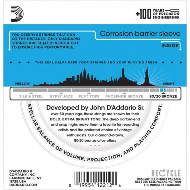 Струны для акустической гитары D'Addario EJ11 80/20 Bronze Light 12/53