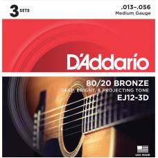 Струни для акустичної гітари 3 Sets D'Addario EJ12-3D 80/20 Bronze Medium 13/56