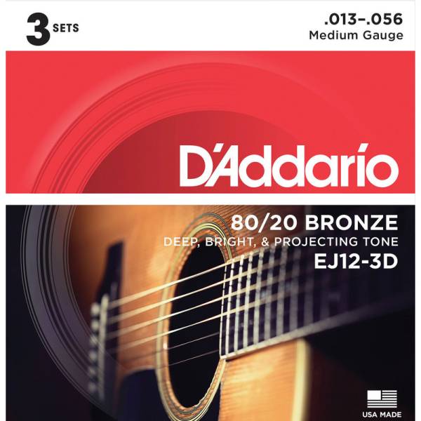 Струни для акустичної гітари 3 Sets D'Addario EJ12-3D 80/20 Bronze Medium 13/56