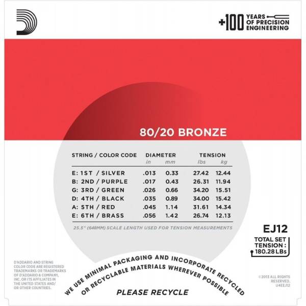 Струни для акустичної гітари D'Addario EJ12 80/20 Bronze Medium 13/56