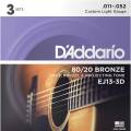 Струны для акустической гитары 3 Sets D'Addario EJ13-3D 80/20 Bronze Custom Light 11/52