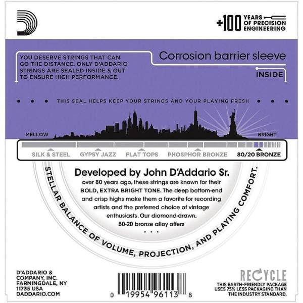 Струни для акустичної гітари D'Addario EJ13 80/20 Bronze Custom Light 11/52