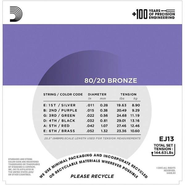 Струни для акустичної гітари D'Addario EJ13 80/20 Bronze Custom Light 11/52