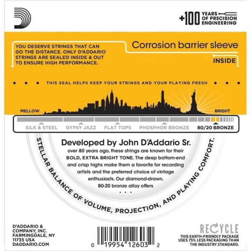 Струны для акустической гитары D'Addario EJ14 80/20 Bronze Light Top/Medium Bottom 12/56