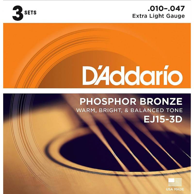 Струни для акустичної гітари 3 Sets D'Addario EJ15-3D Phosphor Bronze Extra Light 10/47