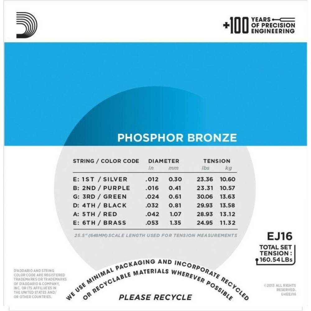 Струны для акустической гитары D'Addario EJ16 Phosphor Bronze Light 12/53