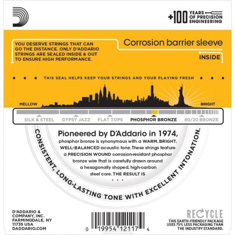 Струни для акустичної гітари D'Addario EJ19 Phosphor Bronze Light Top/Medium Bottom 12/56