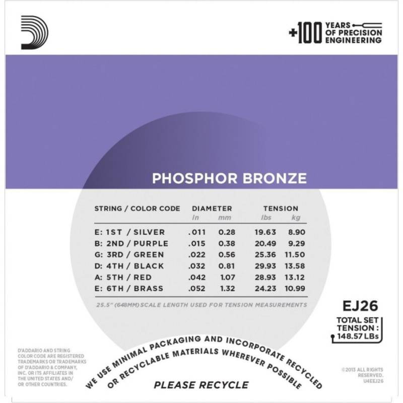 Струны для акустической гитары D'Addario EJ26 Phosphor Bronze Custom Light 11/52