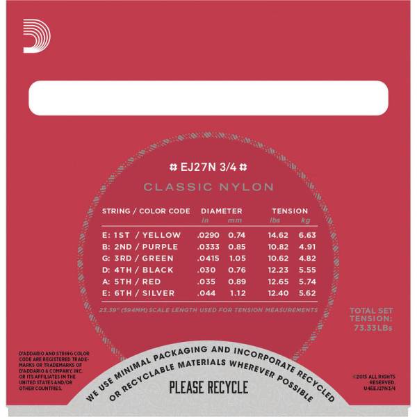 Струны для классической гитары D'Addario EJ27N 3/4 Student Nylon Normal Tension