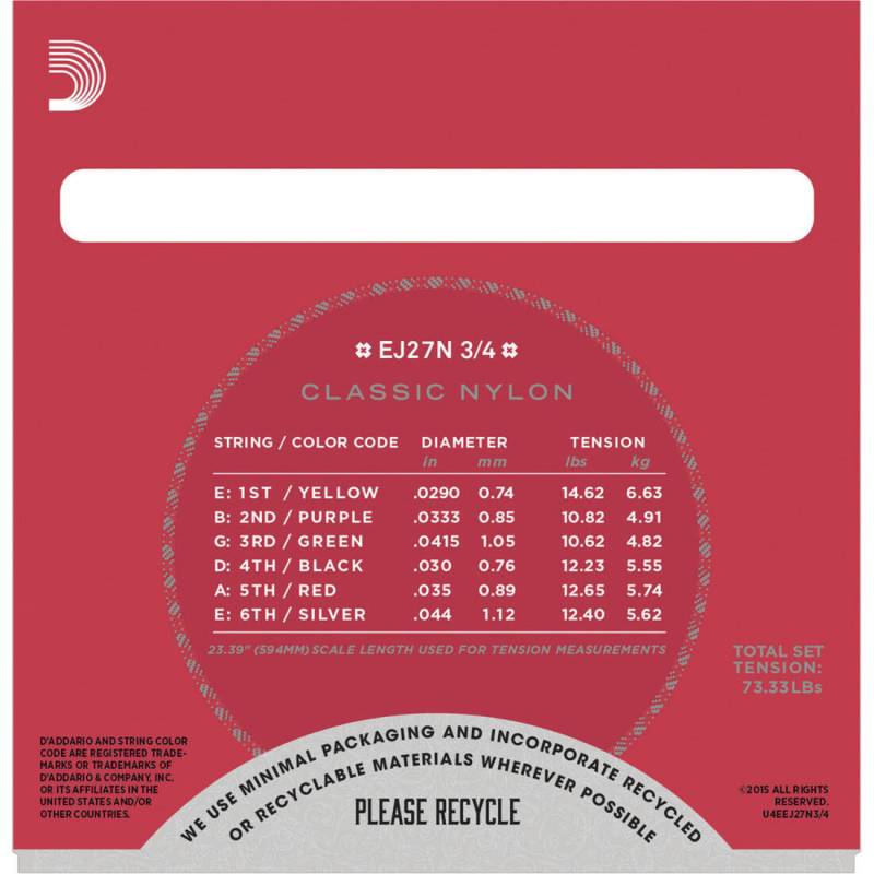 Струны для классической гитары D'Addario EJ27N 3/4 Student Nylon Normal Tension
