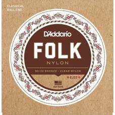 Струны для классической гитары D'Addario EJ33 Folk Ball End 80/20 Bronze/Clear Nylon Trebles