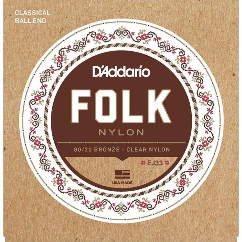 Струны для классической гитары D'Addario EJ33 Folk Ball End 80/20 Bronze/Clear Nylon Trebles
