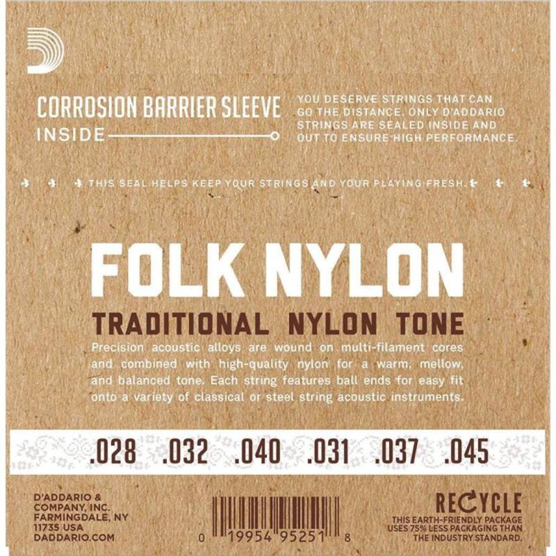 Струны для классической гитары D'Addario EJ33 Folk Ball End 80/20 Bronze/Clear Nylon Trebles