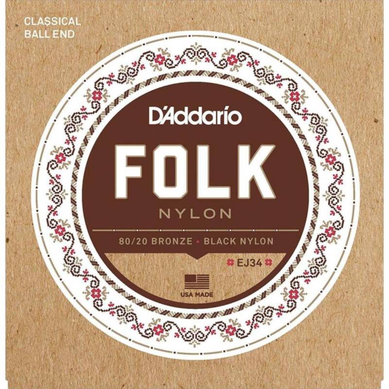 Струны для классической гитары D'Addario EJ34 Folk Ball End 80/20 Bronze/Black Nylon Trebles