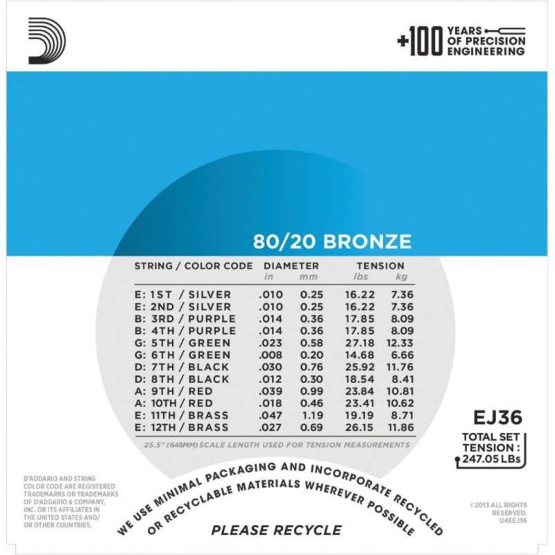 Струни для акустичної гітари D'Addario EJ36 80/20 Bronze Extra Light 12-Strings 10/47