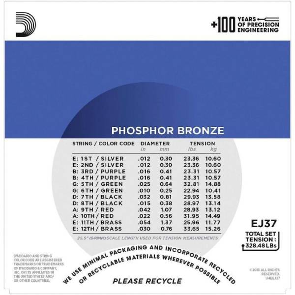 Струни для акустичної гітари D'Addario EJ37 Phosphor Bronze Medium Top/Heavy Bottom 12-Strings 12/54