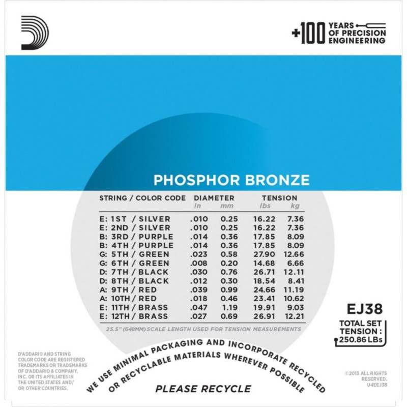 Струны для акустической гитары D'Addario EJ38 Phosphor Bronze Extra Light 12-Strings 10/47