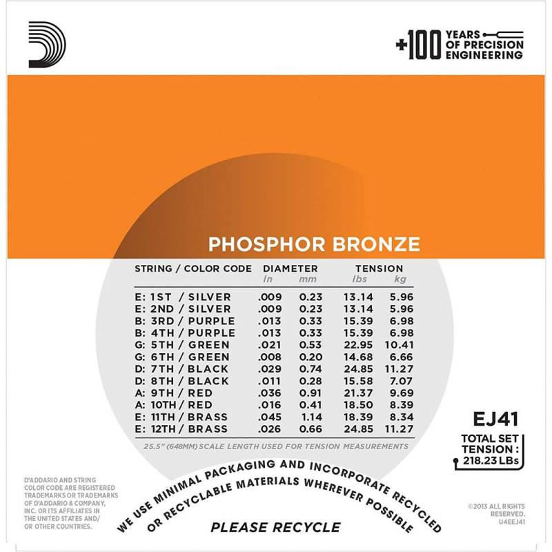 Струни для акустичної гітари D'Addario EJ41 Phosphor Bronze Extra Light 12-Strings 9/45