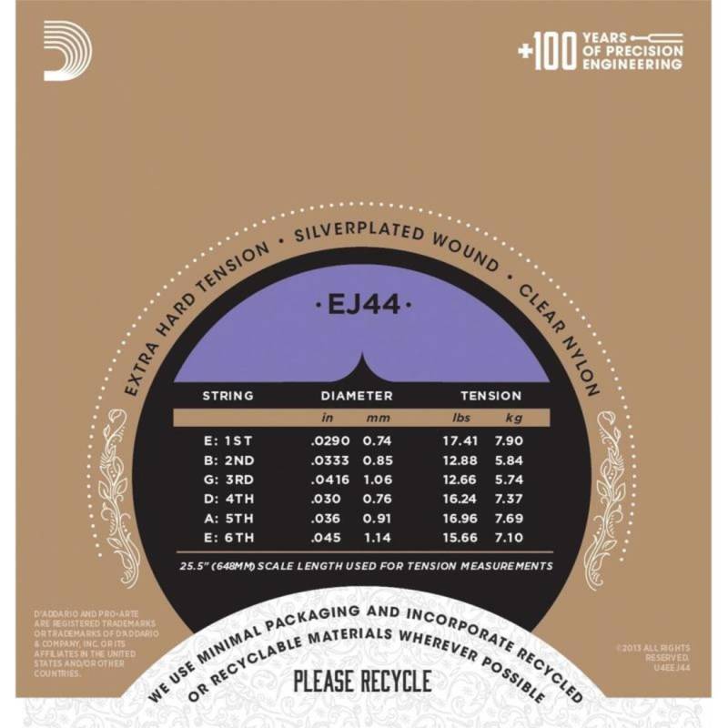 Струны для классической гитары D'Addario EJ44 Silverplated Wound Nylon Extra Hard Tension