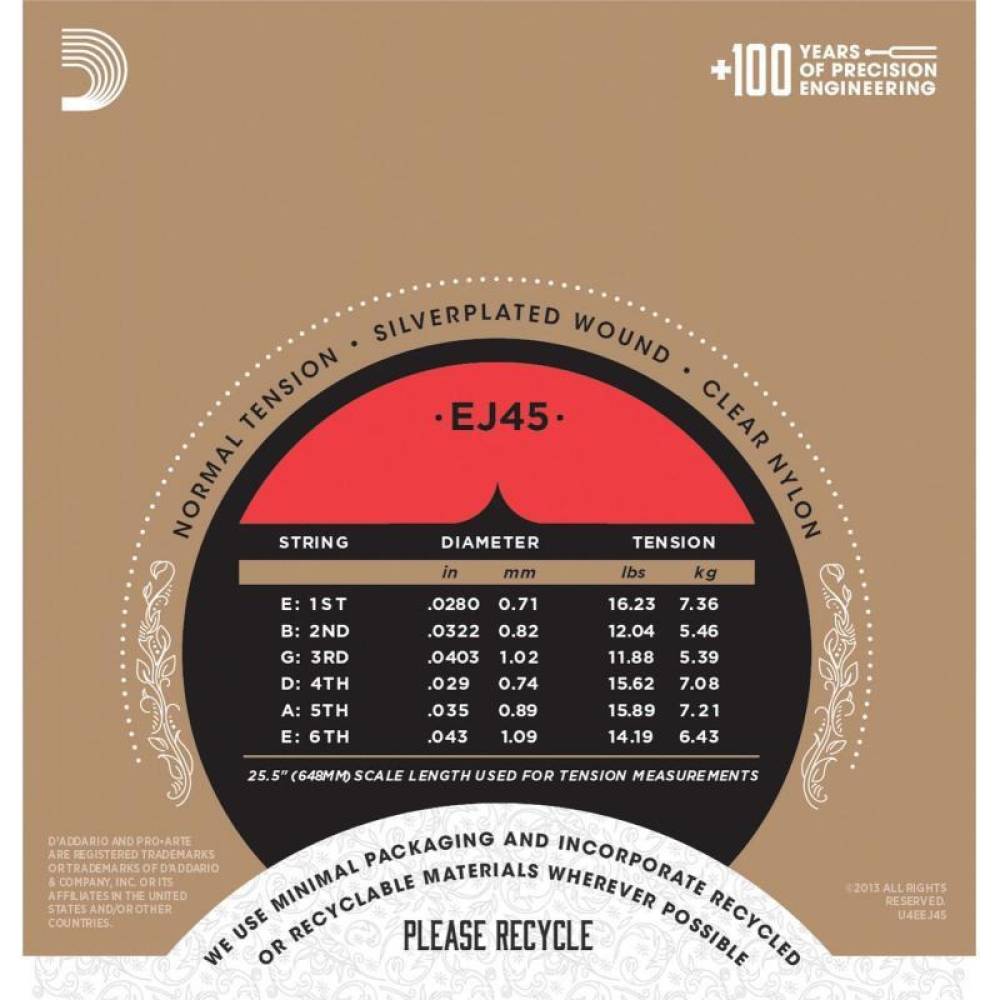 Струни для класичної гітари D'Addario EJ45 Silverplated Wound Nylon Normal Tension