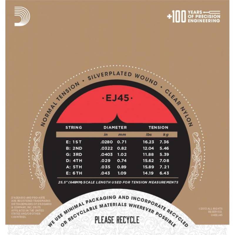 Струны для классической гитары D'Addario EJ45 Silverplated Wound Nylon Normal Tension