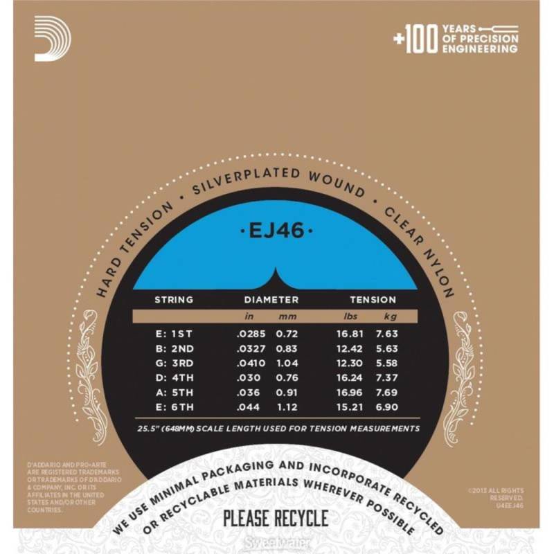 Струны для классической гитары D'Addario EJ46 Silverplated Wound Nylon Hard Tension