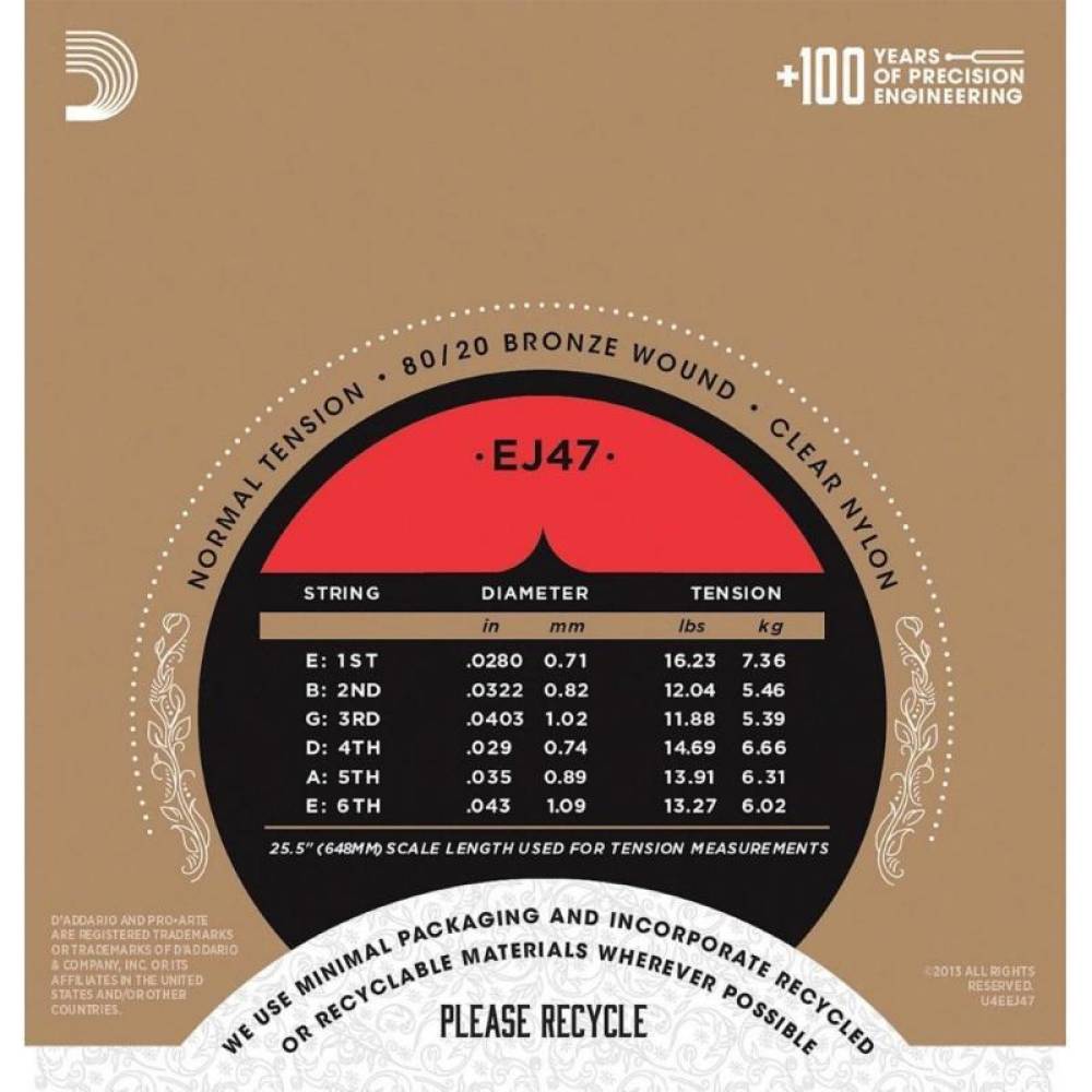 Струны для классической гитары D'Addario EJ47 80/20 Bronze Wound Nylon Normal Tension