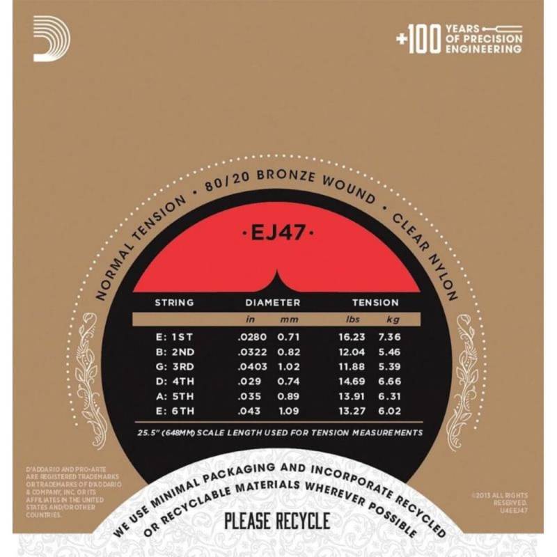 Струны для классической гитары D'Addario EJ47 80/20 Bronze Wound Nylon Normal Tension