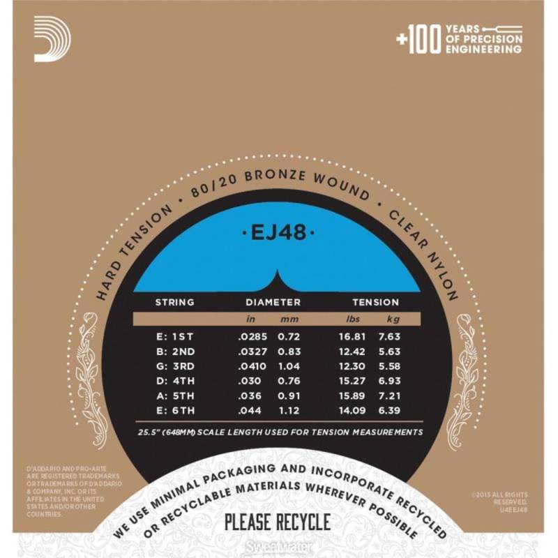 Струны для классической гитары D'Addario EJ48 80/20 Bronze Wound Nylon Hard Tension