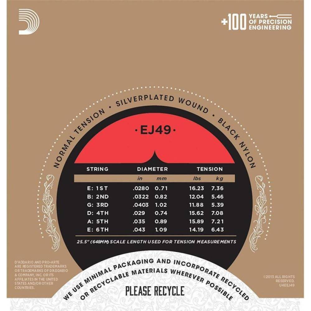 Струни для класичної гітари D'Addario EJ49 Black Nylon Normal Tension