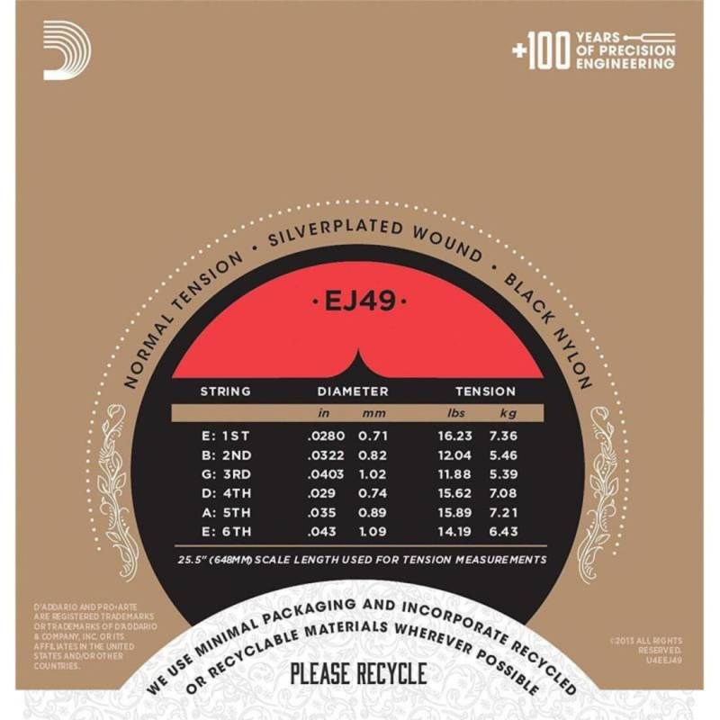 Струны для классической гитары D'Addario EJ49 Black Nylon Normal Tension