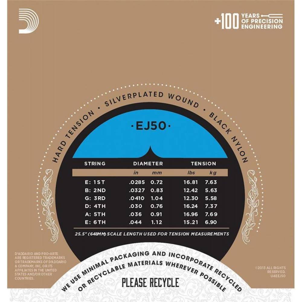 Струни для класичної гітари D'Addario EJ50 Black Nylon Hard Tension