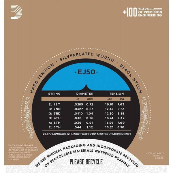 Струни для класичної гітари D'Addario EJ50 Black Nylon Hard Tension