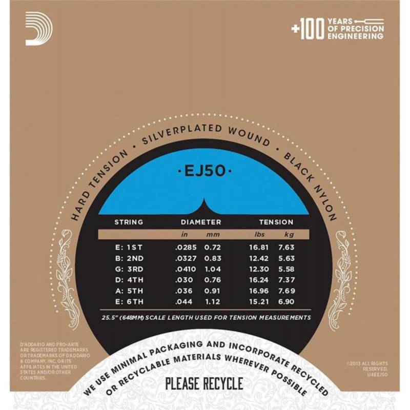 Струны для классической гитары D'Addario EJ50 Black Nylon Hard Tension