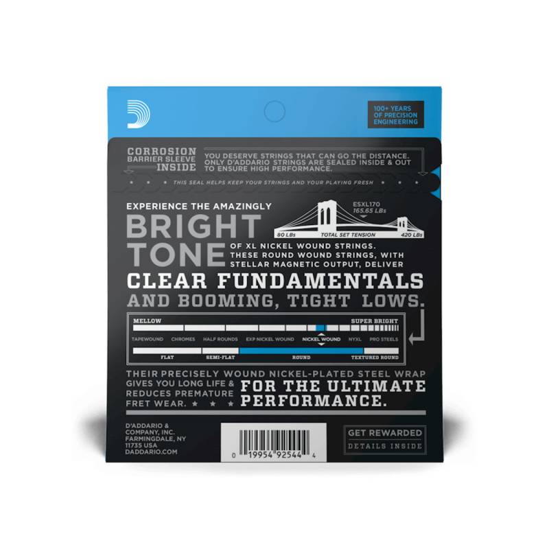 Струни для бас-гітари D'Addario ESXL170 XL NICKEL WOUND BASS REGULAR LIGHT DOUBLE BALL END (45-100)