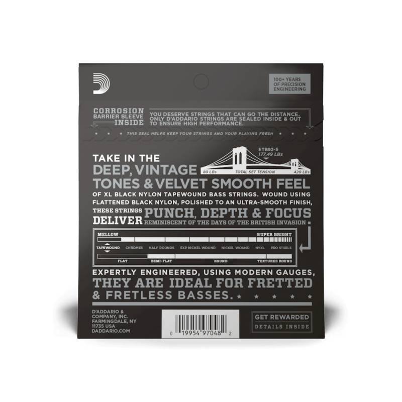 Струни для бас-гітари D'Addario ETB92-5 XL NYLON TAPEWOUND 5-STRING BASS (50-135)