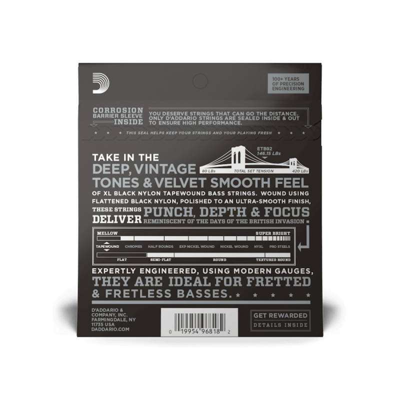 Струни для бас-гітари D'Addario ETB92 XL NYLON TAPEWOUND BASS (50-105)