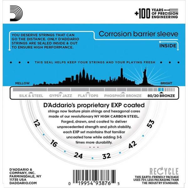 Струни для акустичної гітари D'Addario EXP11 80/20 Bronze Light 12/53