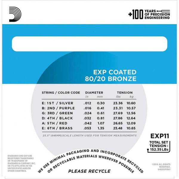Струни для акустичної гітари D'Addario EXP11 80/20 Bronze Light 12/53