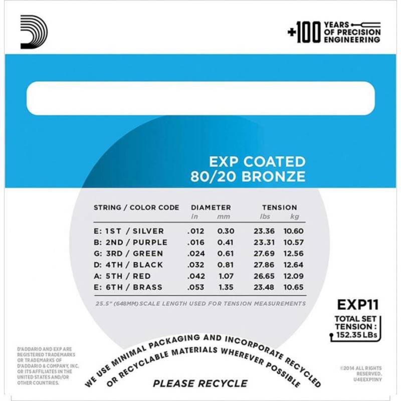 Струни для акустичної гітари D'Addario EXP11 80/20 Bronze Light 12/53