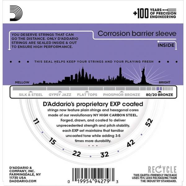 Струни для акустичної гітари D'Addario EXP13 80/20 Bronze Custom Light 11/52