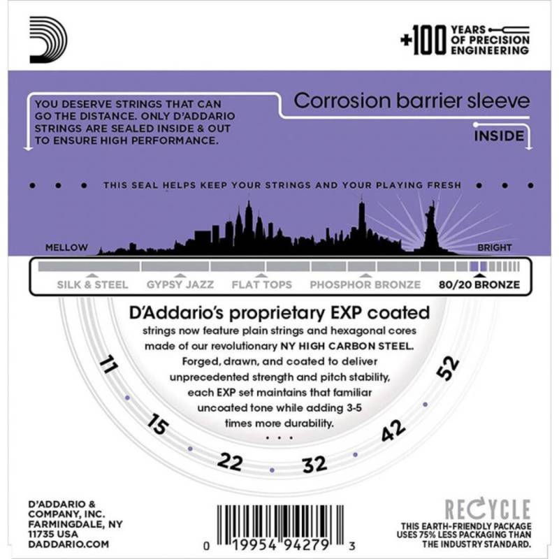 Струни для акустичної гітари D'Addario EXP13 80/20 Bronze Custom Light 11/52
