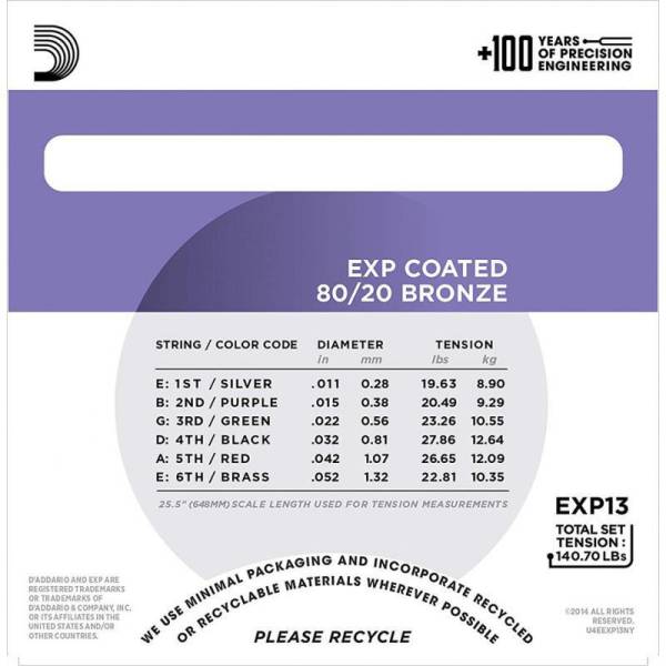Струни для акустичної гітари D'Addario EXP13 80/20 Bronze Custom Light 11/52