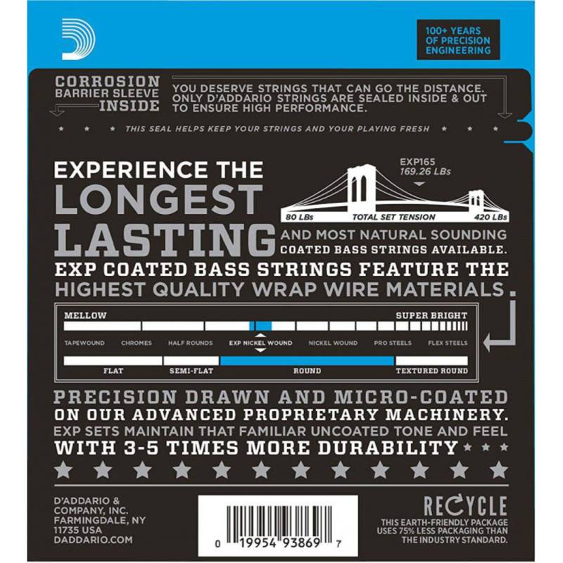 Струны для бас-гитары D'Addario EXP165 Coated Nickel Wound Bass Light Top/Medium Bottom Long Scale 45/105