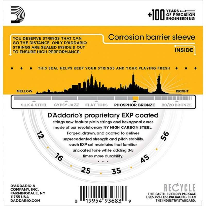 Струны для акустической гитары D'Addario EXP19 Phosphor Bronze Light Top / Medium Bottom 12/56