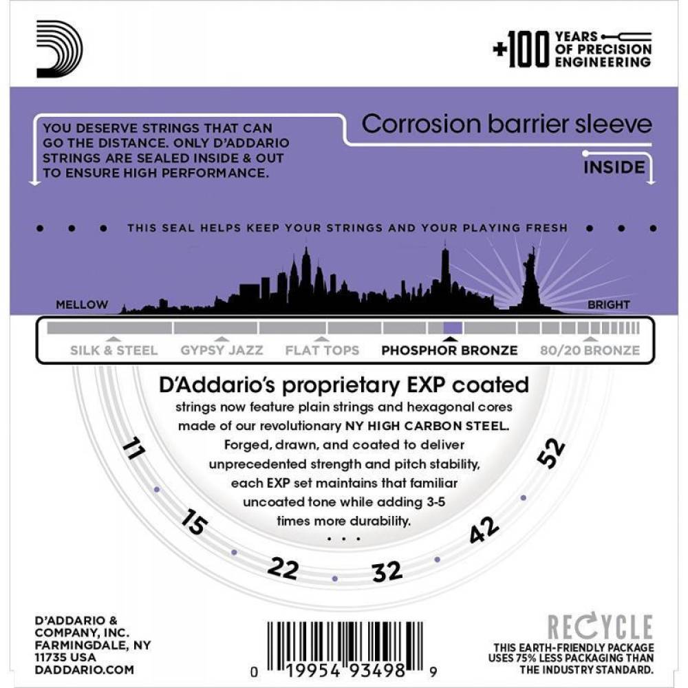 Струни для акустичної гітари D'Addario EXP26 Phosphor Bronze Custom Light 11/52