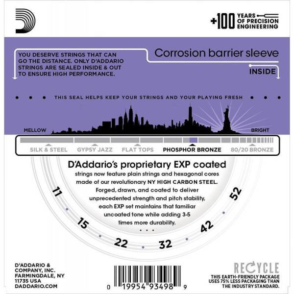 Струни для акустичної гітари D'Addario EXP26 Phosphor Bronze Custom Light 11/52