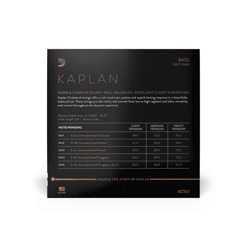 Струны для контрабаса D'Addario KAPLAN BASS STRING SET 3/4 Scale, Medium Tension