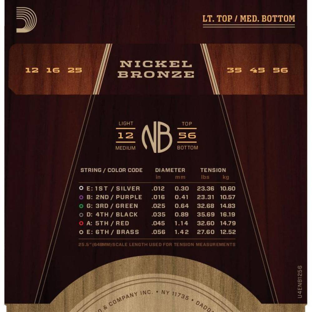 Струны для акустической гитары D'Addario NB1256 Nickel Bronze Light Medium 12/56