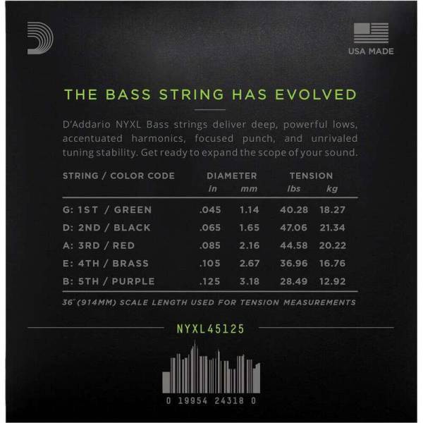 Струни для бас-гітари D'Addario NYXL45125 Nickel Wound Regular Light 5 Strings 45/125